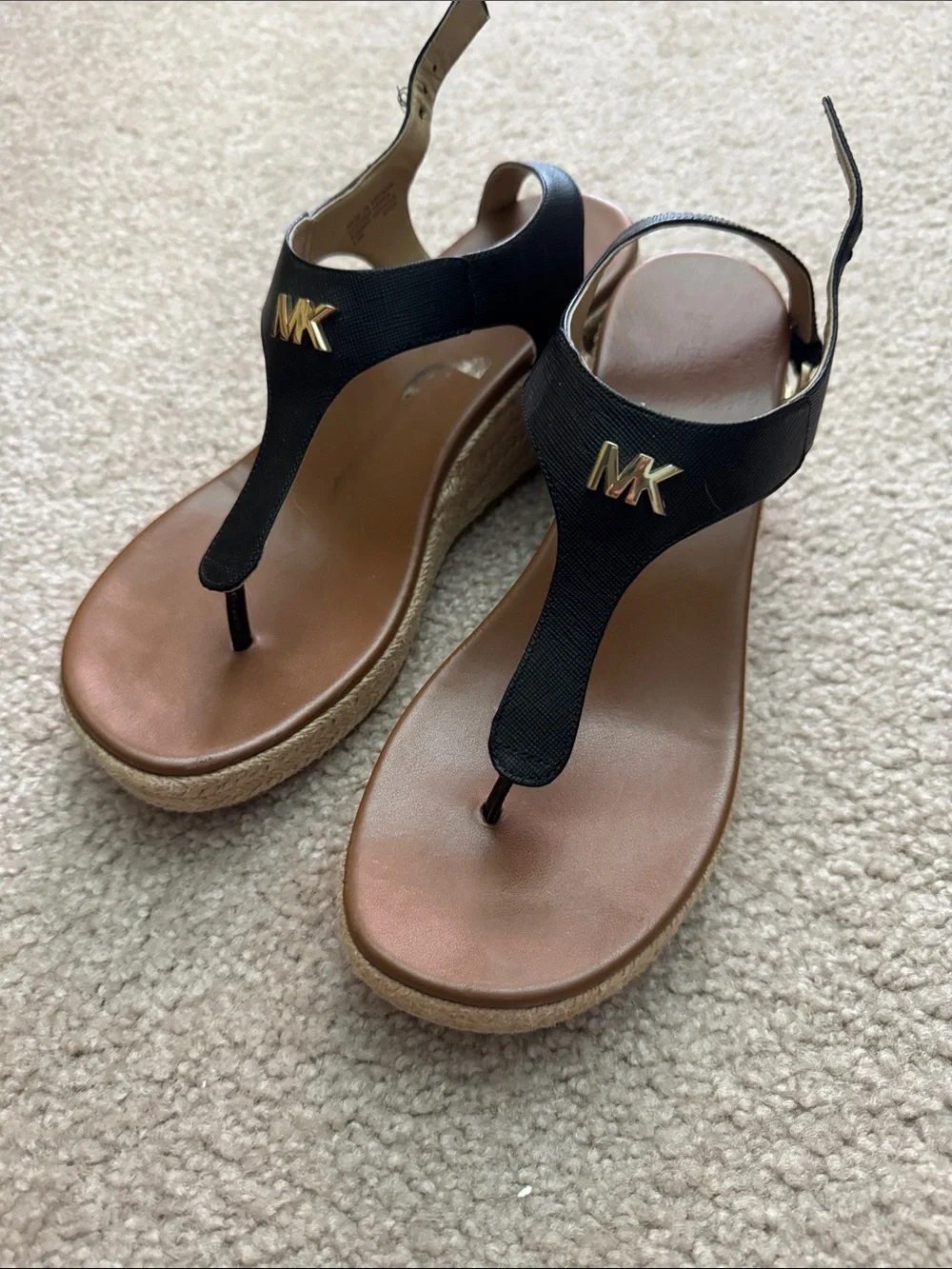 Michael Kors Black and Brown Espadrille Wedge Sandals with Gold MK Accent